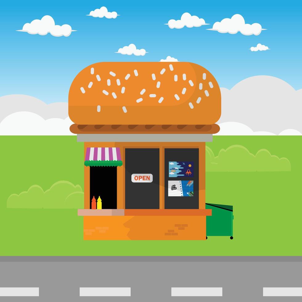 A cartoon burger shop with a sign on the side vector