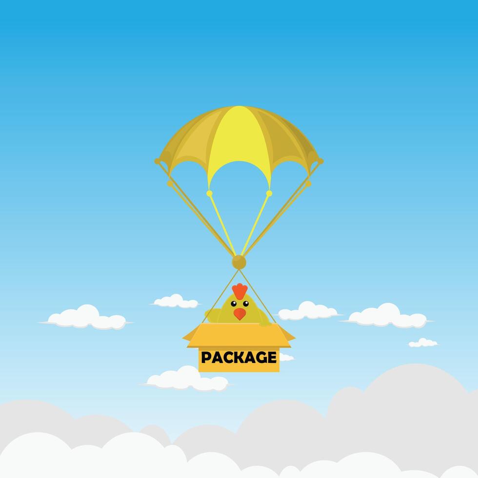 Chicken flying with parachute in the sky vector