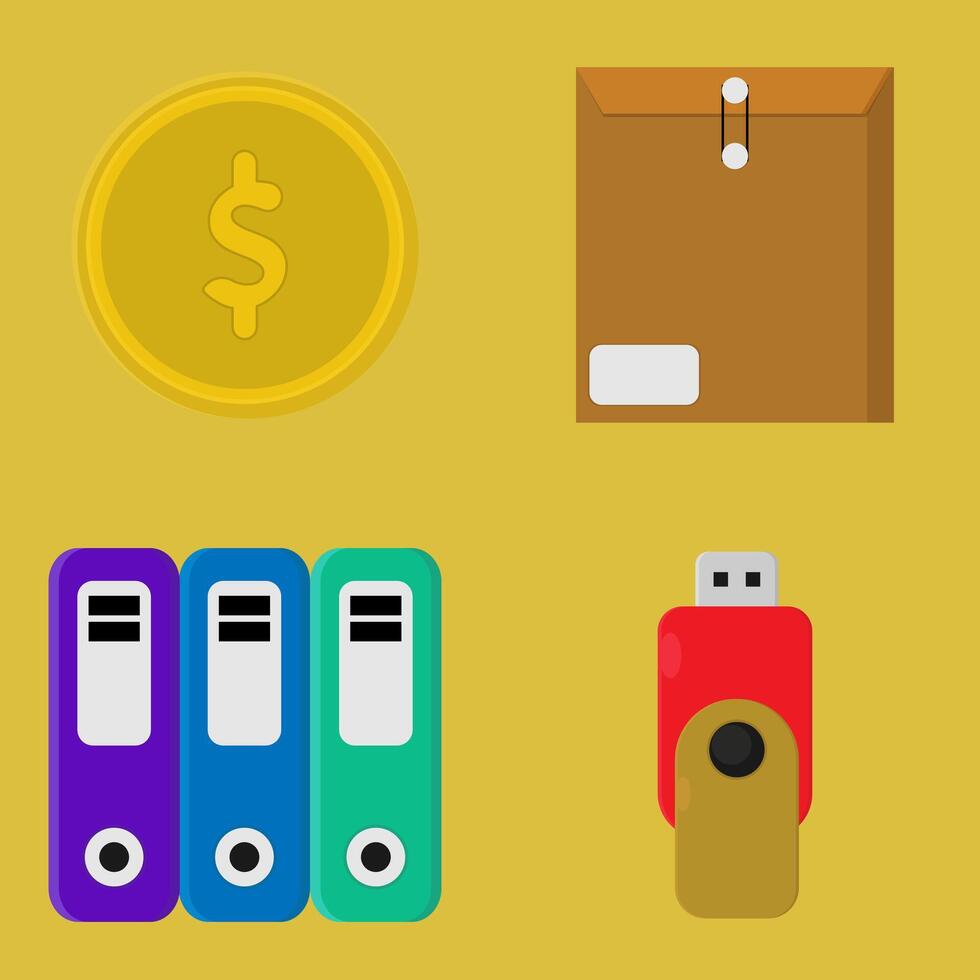Various office supplies including a folder, a coin, and a file vector