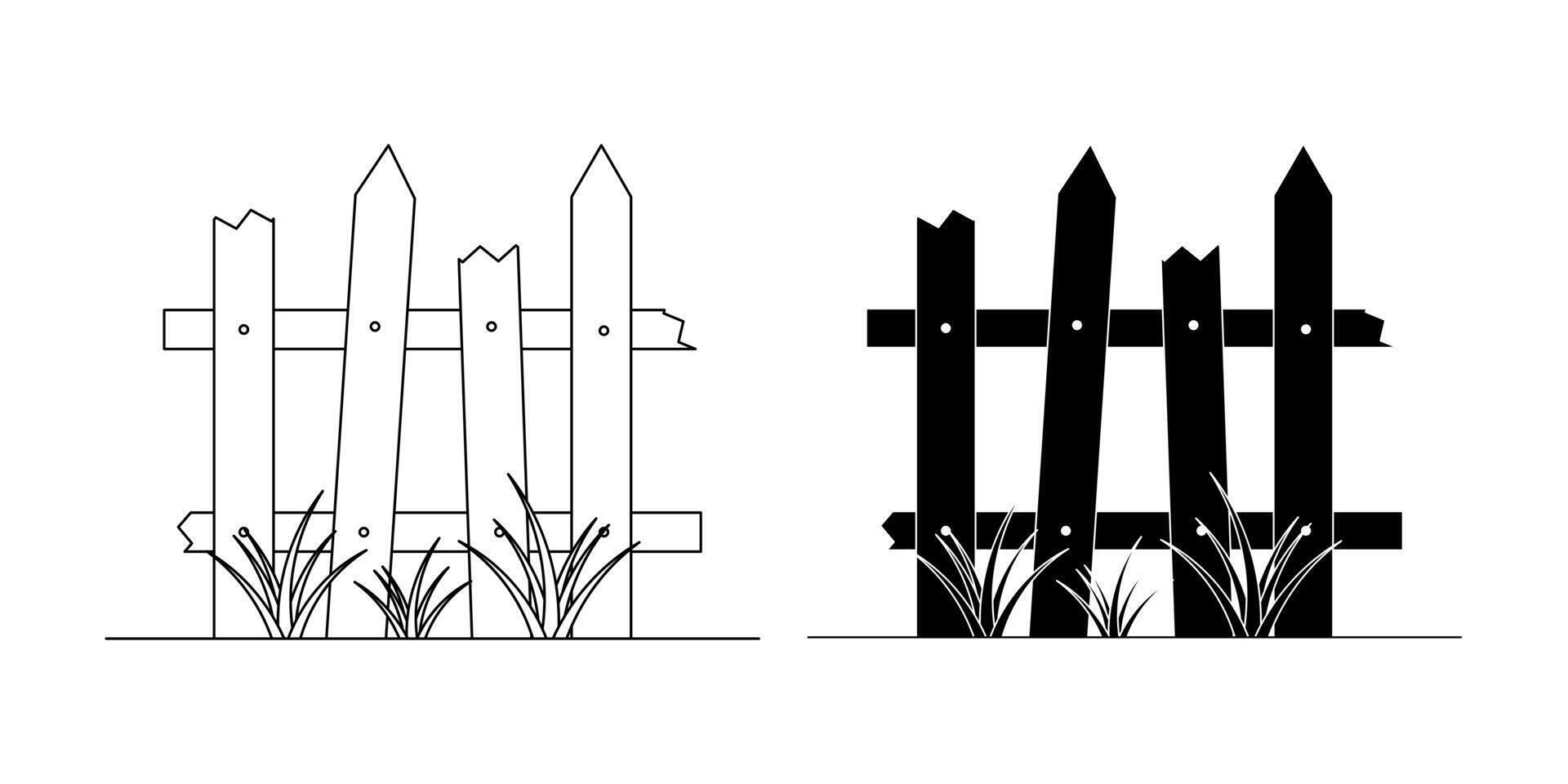 broken wooden fence with wild grass icon set isolated on white background vector