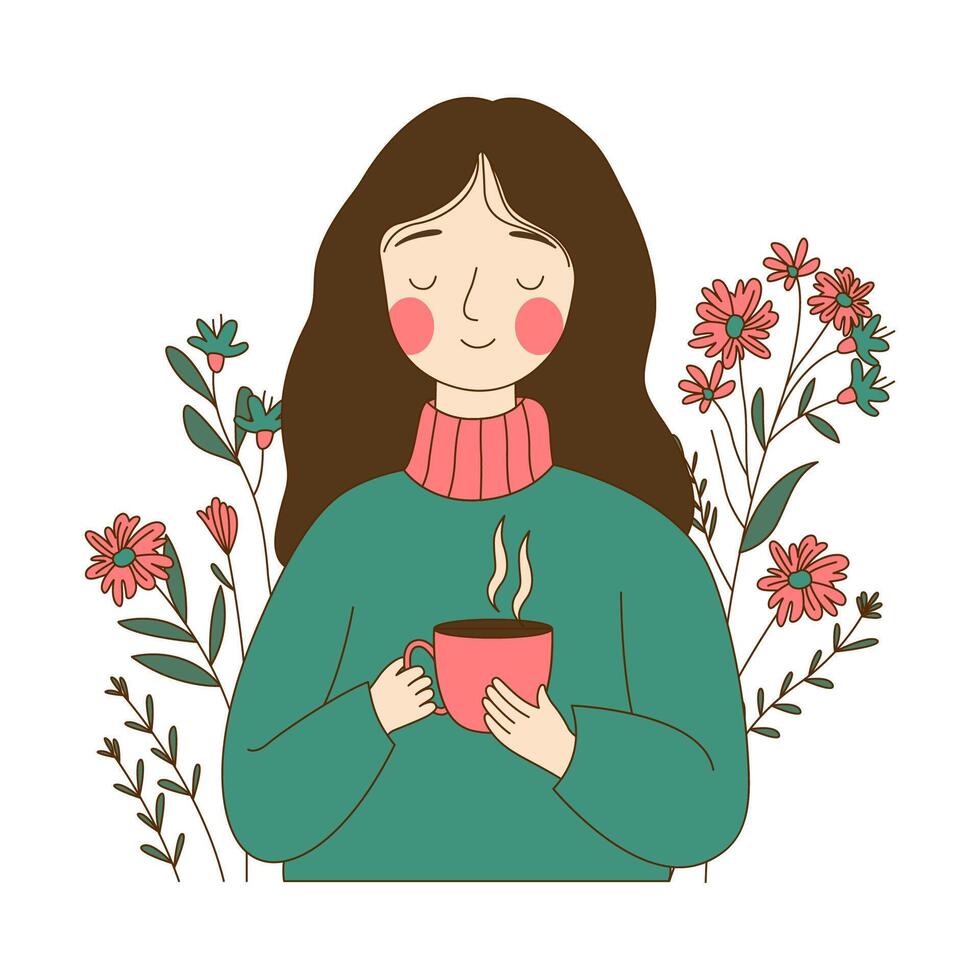Cute Innocent Nerd Girl Character Holding a Cup of Coffee with Flower Floral Decoration vector