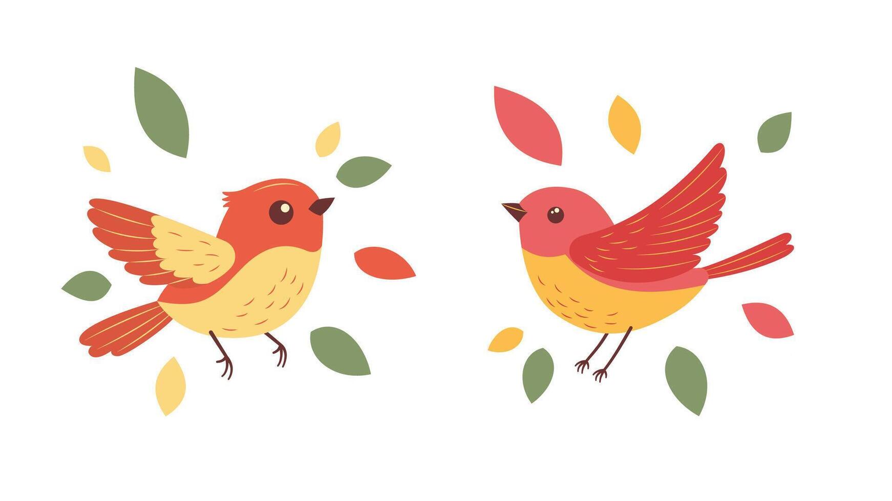 A Pair of Cute Orange Robin Bird Animal with Foliage in the Garden vector