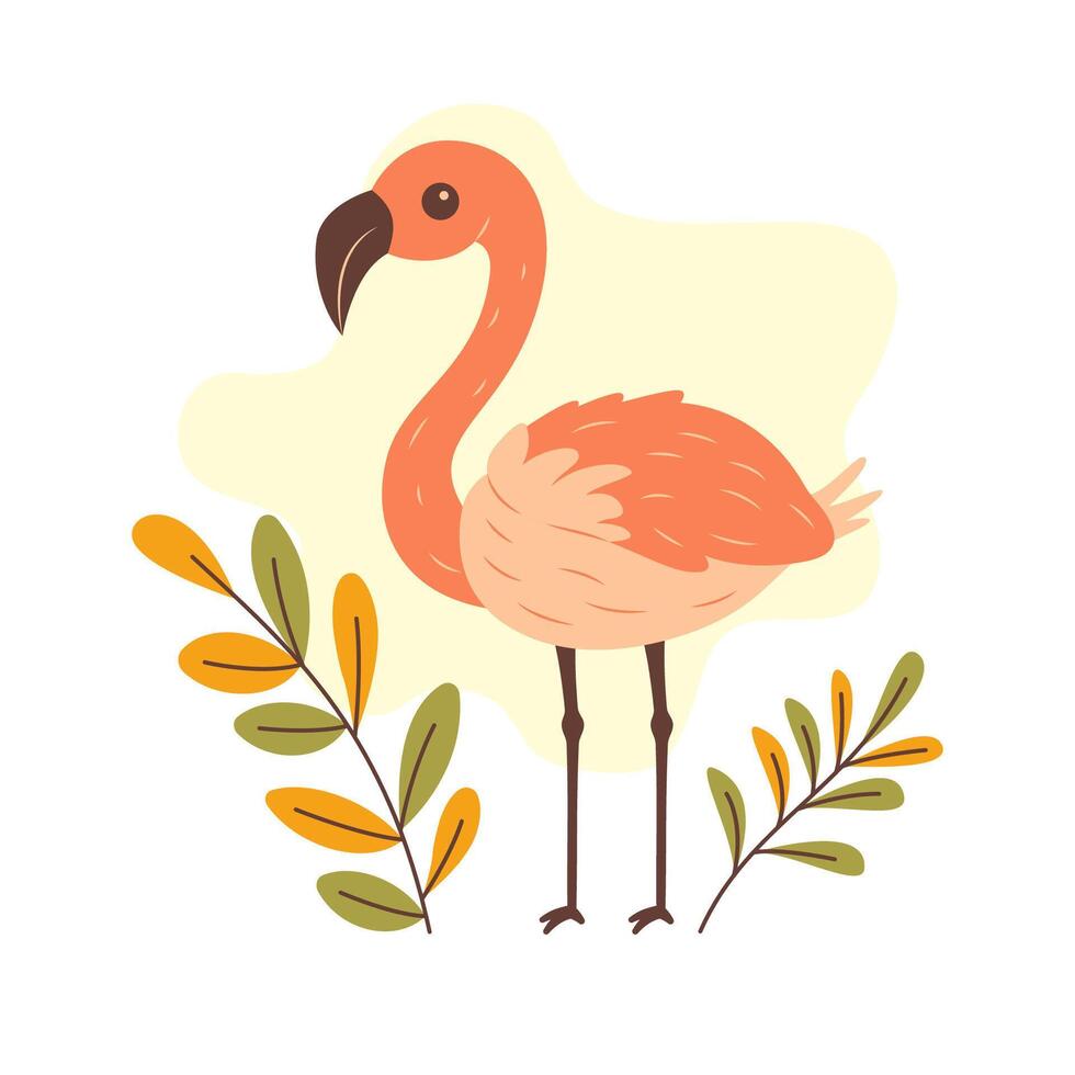 Cute Flamingo Bird Animal Character with Floral Plants in the Park vector