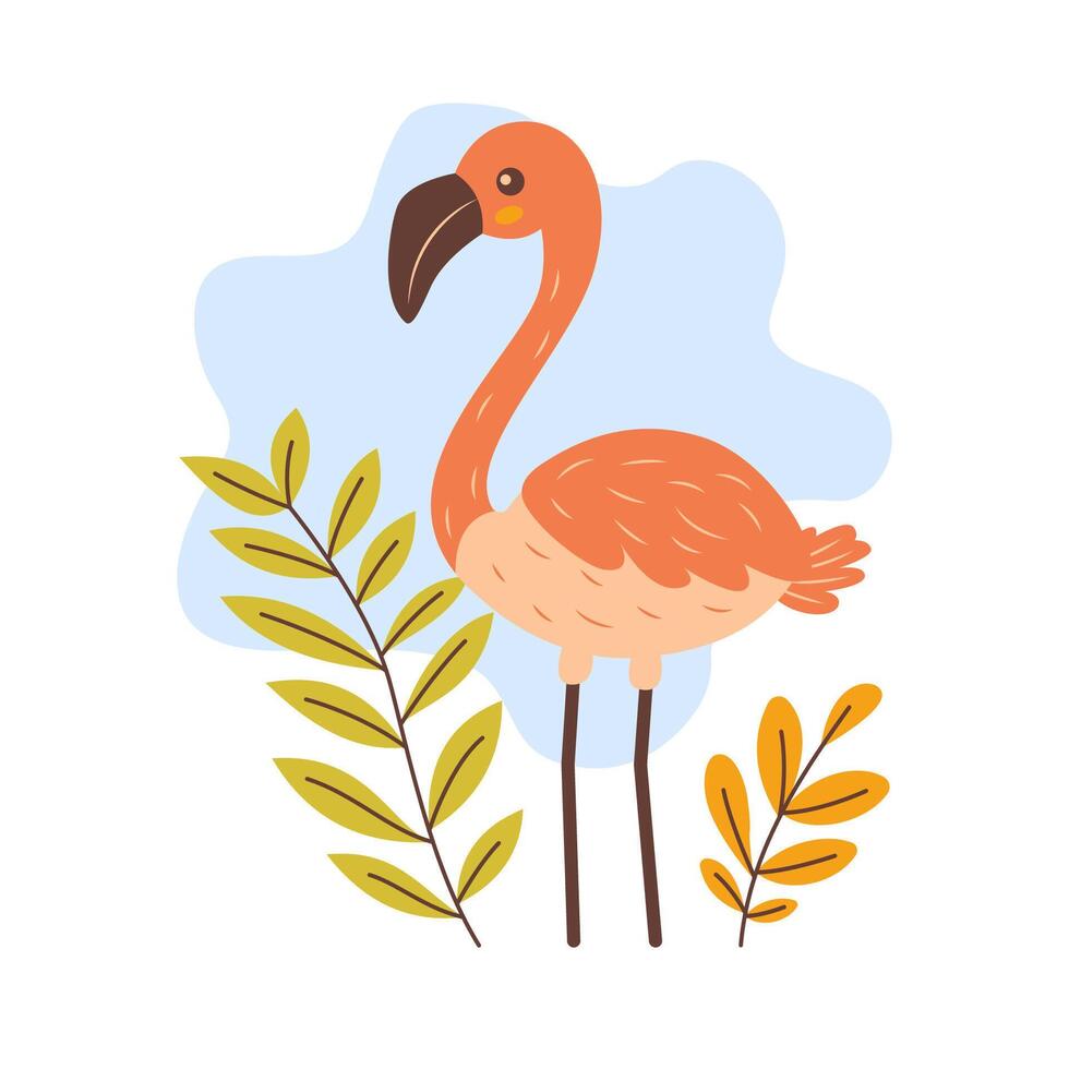 Cute Flamingo Bird Animal Character with Leaves Plants in the Park vector