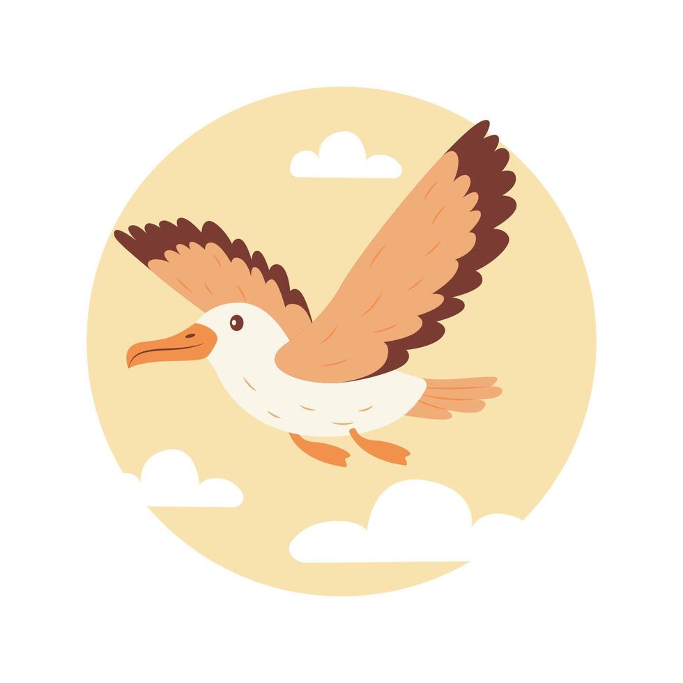 Cute Albatross Bird Animal Flying Free Flapping Wings with Sun in Bright Sky vector