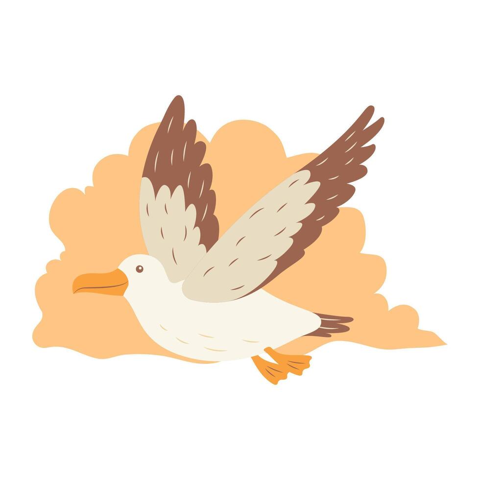 Cute Albatross Bird Animal Mascot Flying Free Flapping Wings with Cloud in Bright Sky vector
