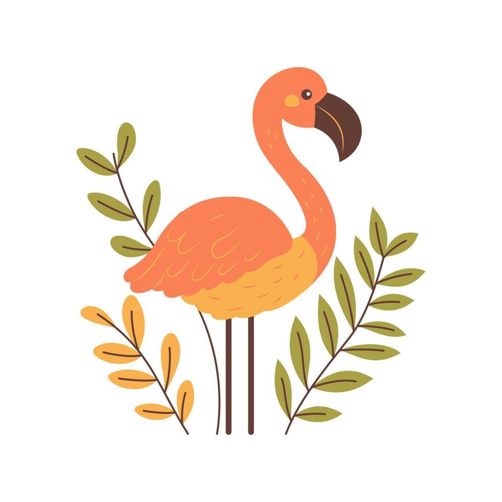 Cute Flamingo Bird Animal Character with Leaves Nature Plants in the Park vector