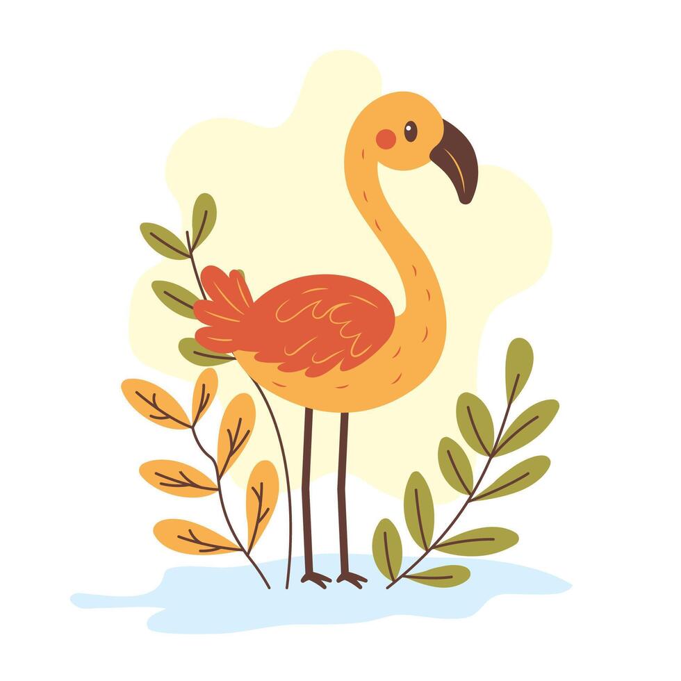 Cute Elegant Flamingo Bird Animal Character with Leaves Plants in the Park vector