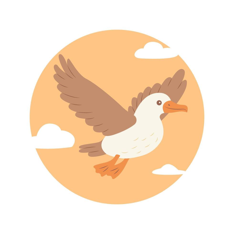 Cute Albatross Bird Animal Cartoon Flying Free Flapping Wings with Sun in Bright Sky vector