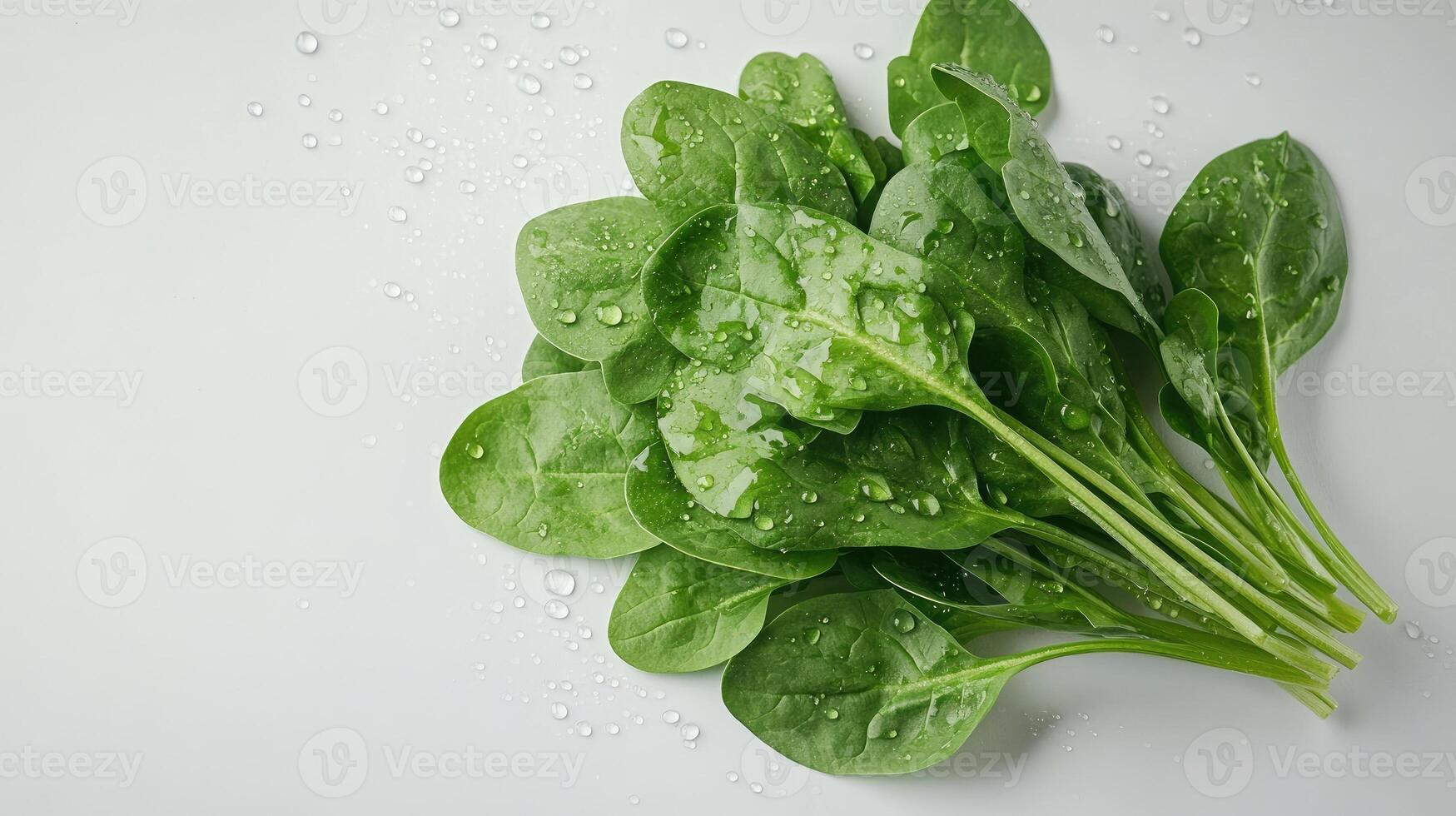 Fresh Spinach Leaves with Water Droplets on White Background photo