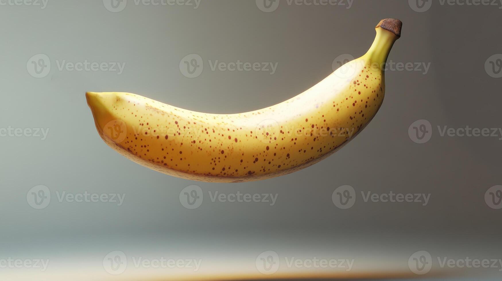 A Single Ripe Banana with Brown Spots in Mid-Air photo