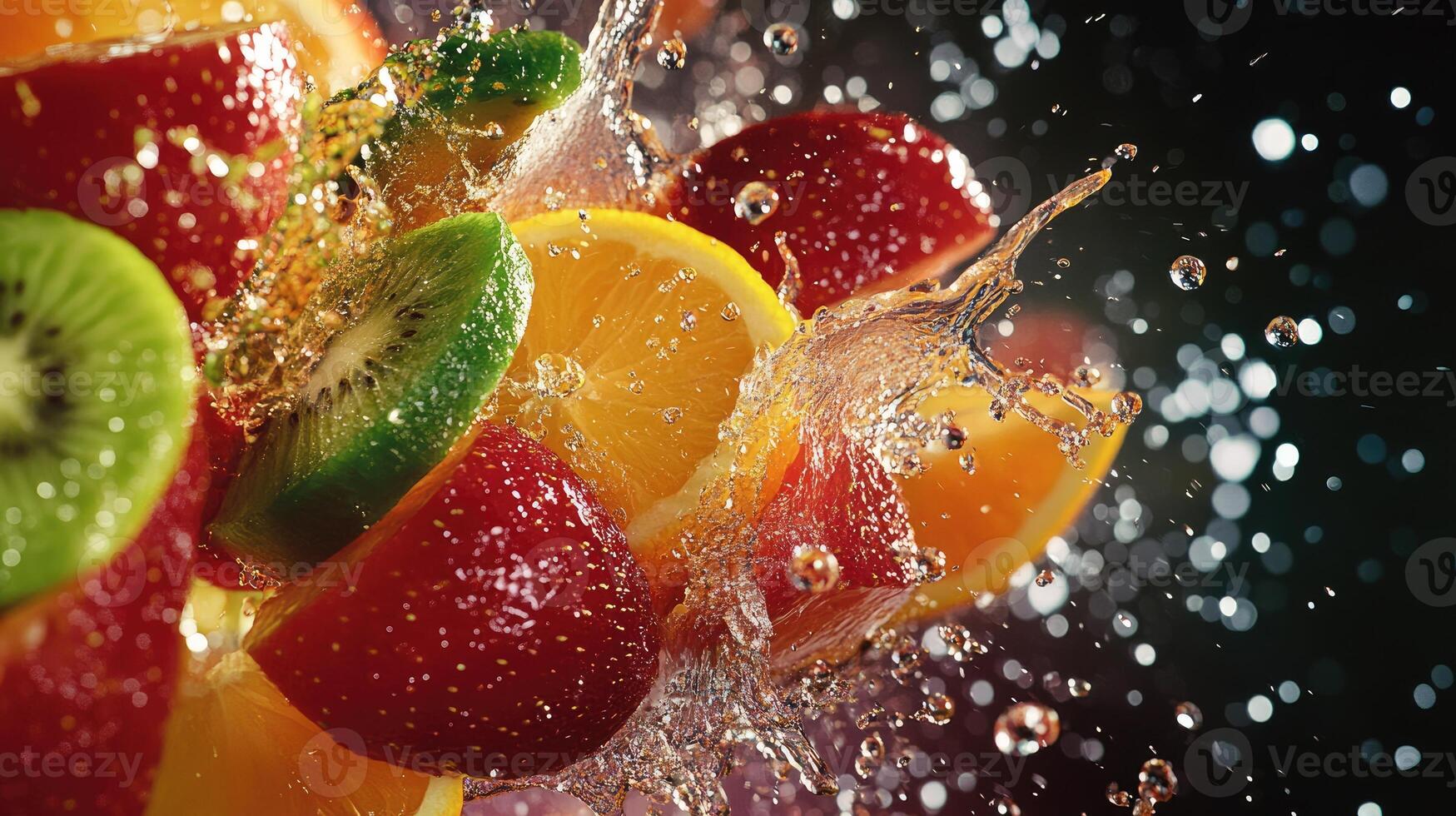Slices of Kiwi, Orange, and Strawberry in a Water Splash photo