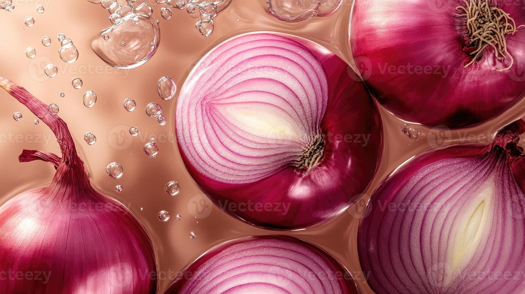 Red Onion Slices and Whole Onion in Liquid with Bubbles photo