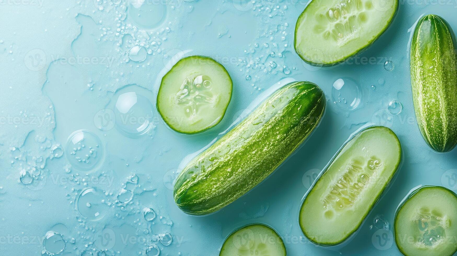 Cucumber Slices Floating in a Blue Liquid with Bubbles photo