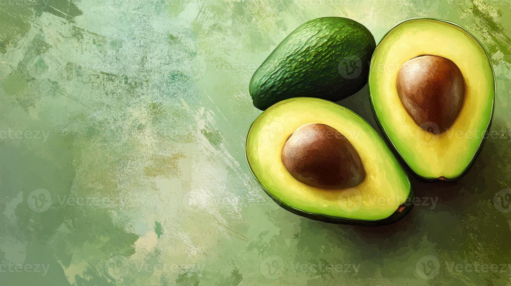 Two Avocados, One Whole and One Sliced, on a Green Surface photo
