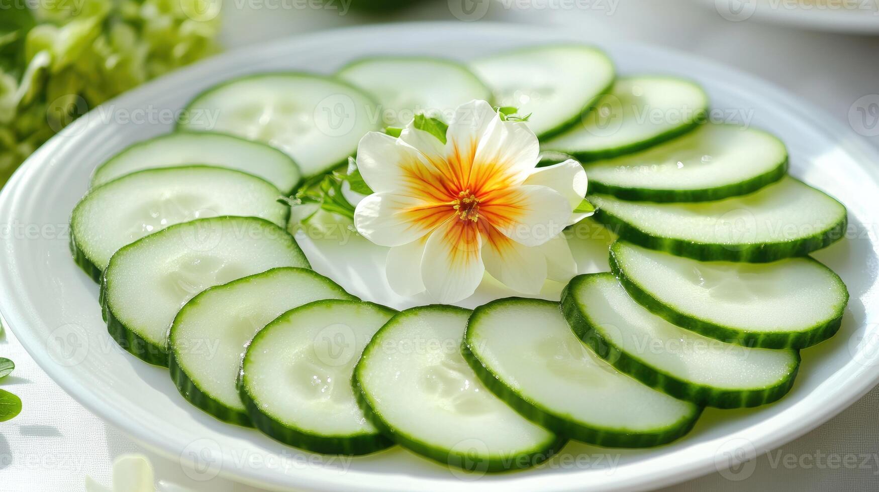 Cucumber Slices with a Single White Flower on a Plate photo