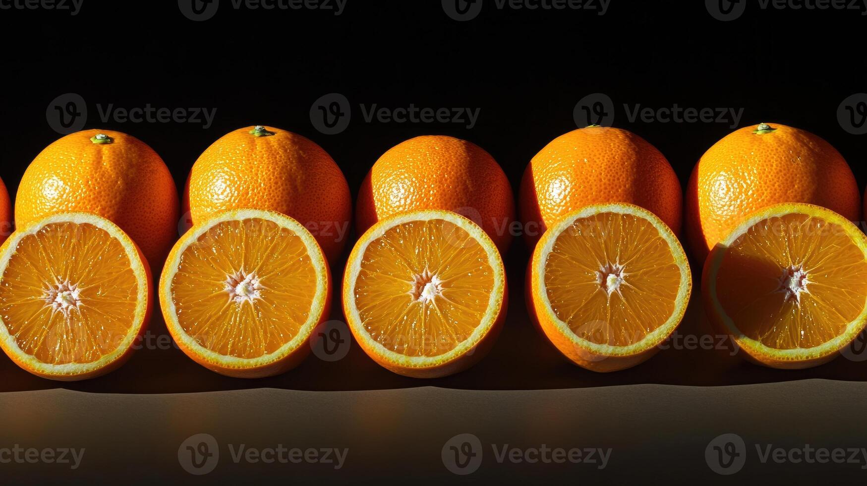 A Row of Whole and Sliced Oranges on a Black Background photo