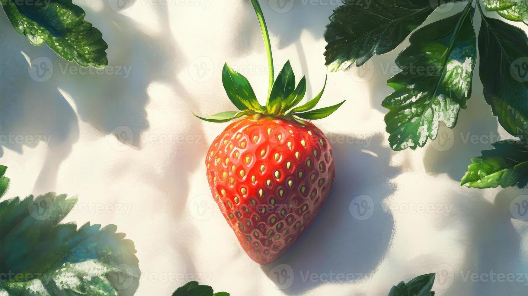 A Single Ripe Strawberry with Green Leaves on a White Surface photo