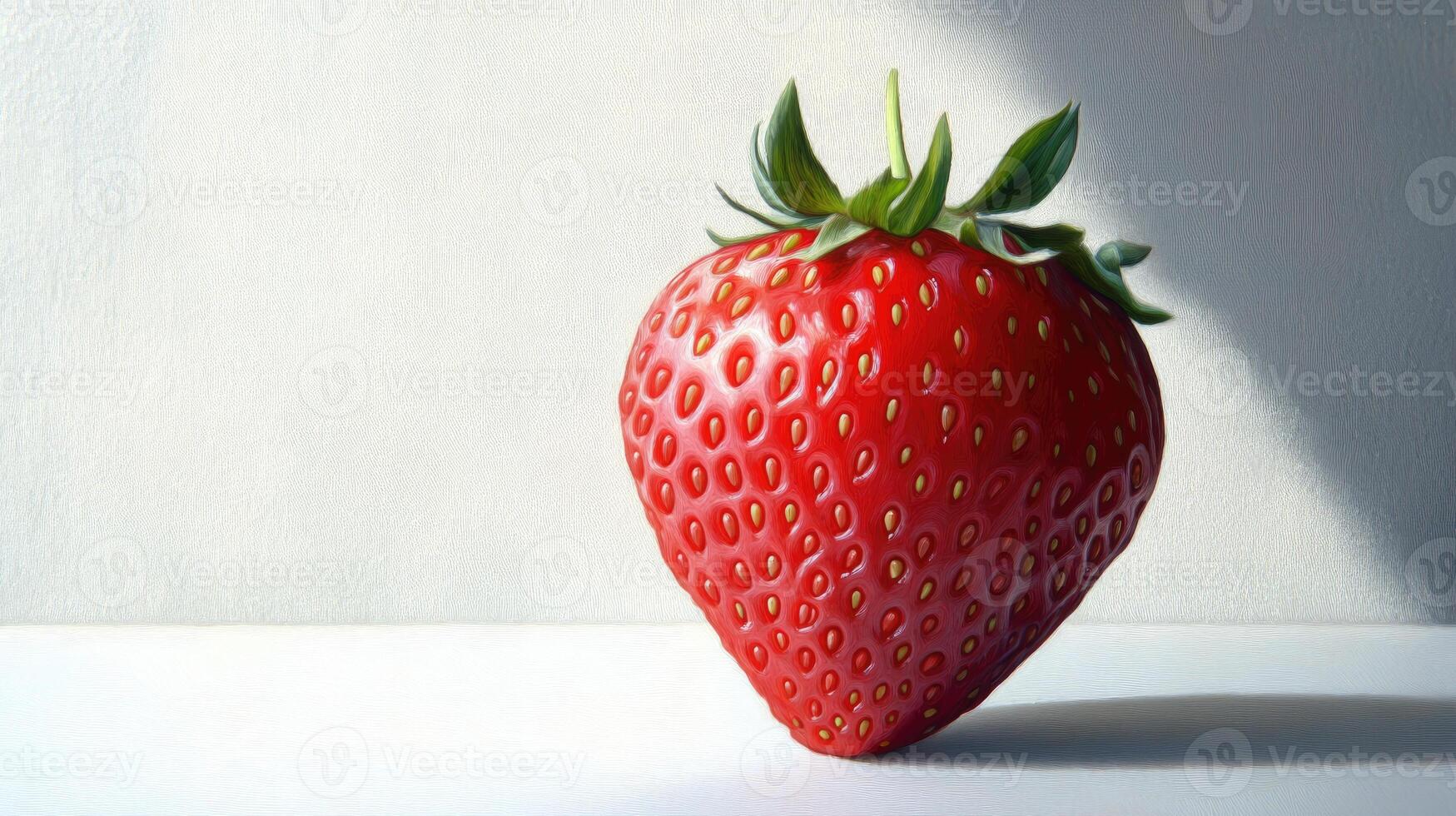 A Single Ripe Strawberry with Green Leaves on a White Surface photo