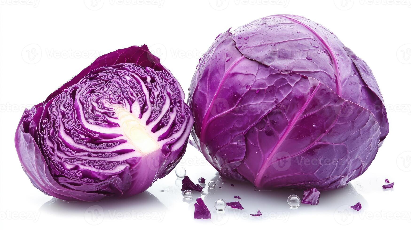 Whole and Halved Red Cabbage with Water Droplets photo