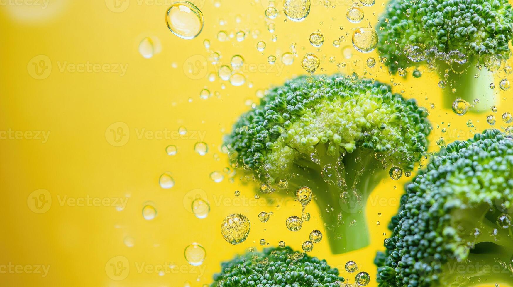 Broccoli Florets Submerged in Water with Bubbles photo
