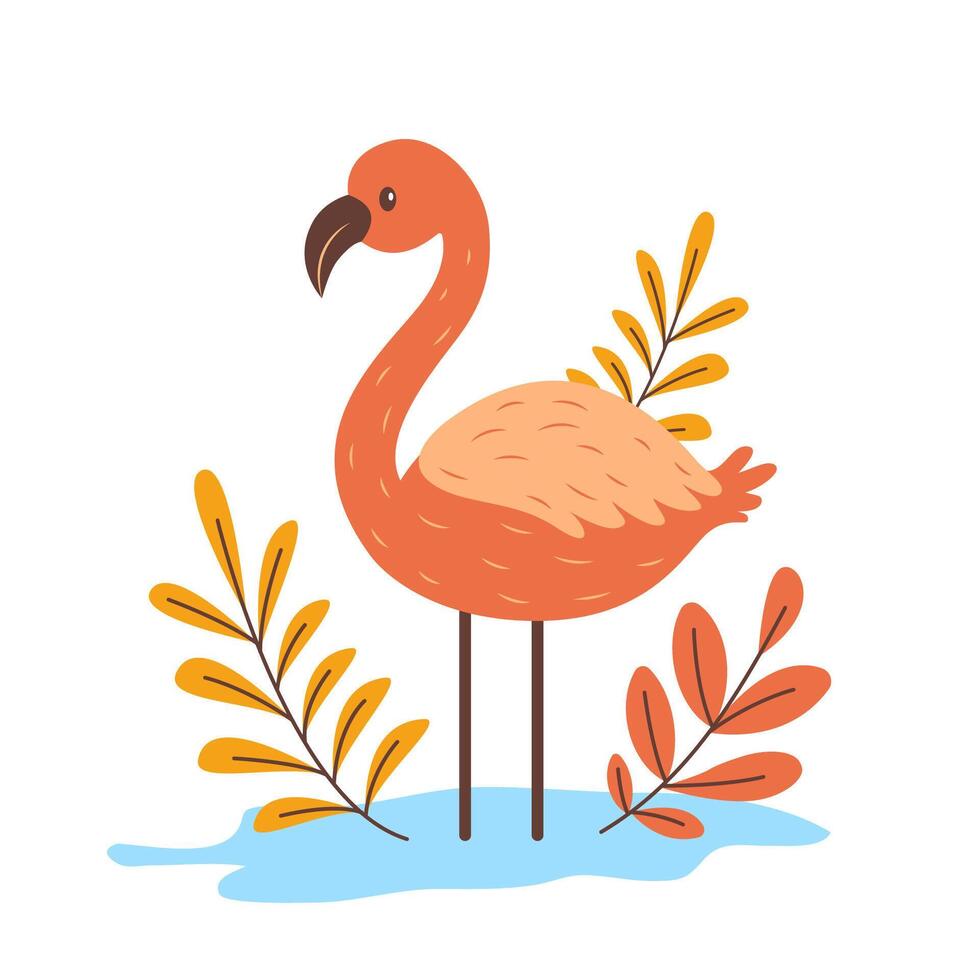 Cute Flamingo Bird Animal Character with Leaves Plants in the Garden vector