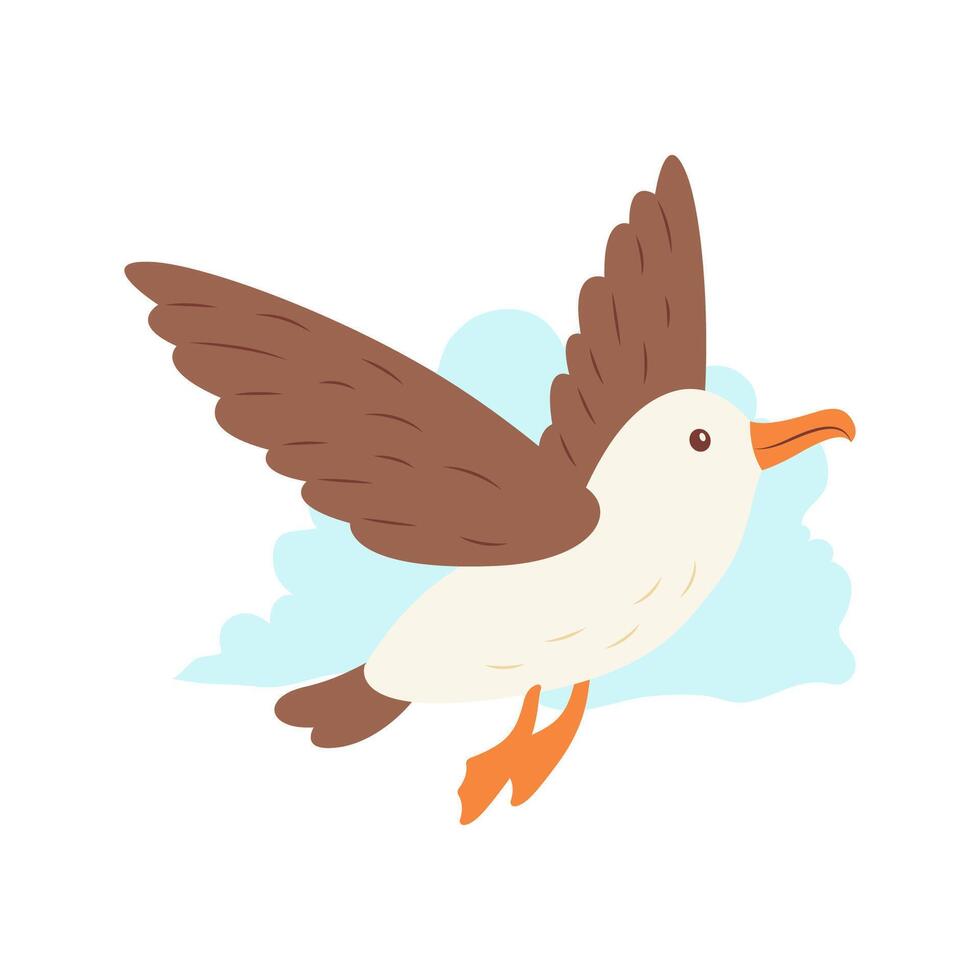 Cute Albatross Bird Animal Flying Free Flapping Wings with Blue Cloud in Bright Sky vector