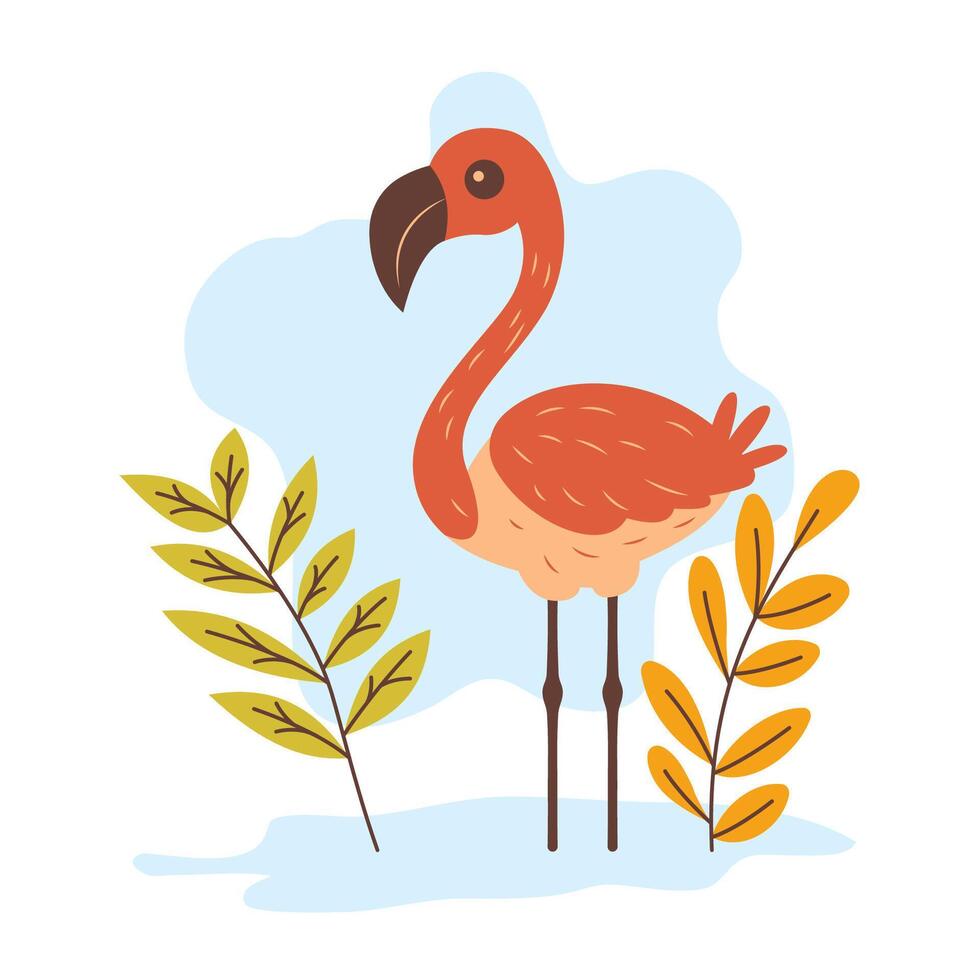 Cute Flamingo Bird Animal Mascot with Leaves Plants in the Park vector