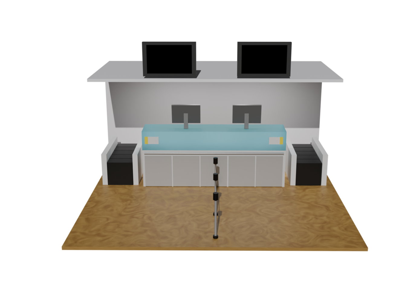 A 3d rendering of a counter with two monitors png