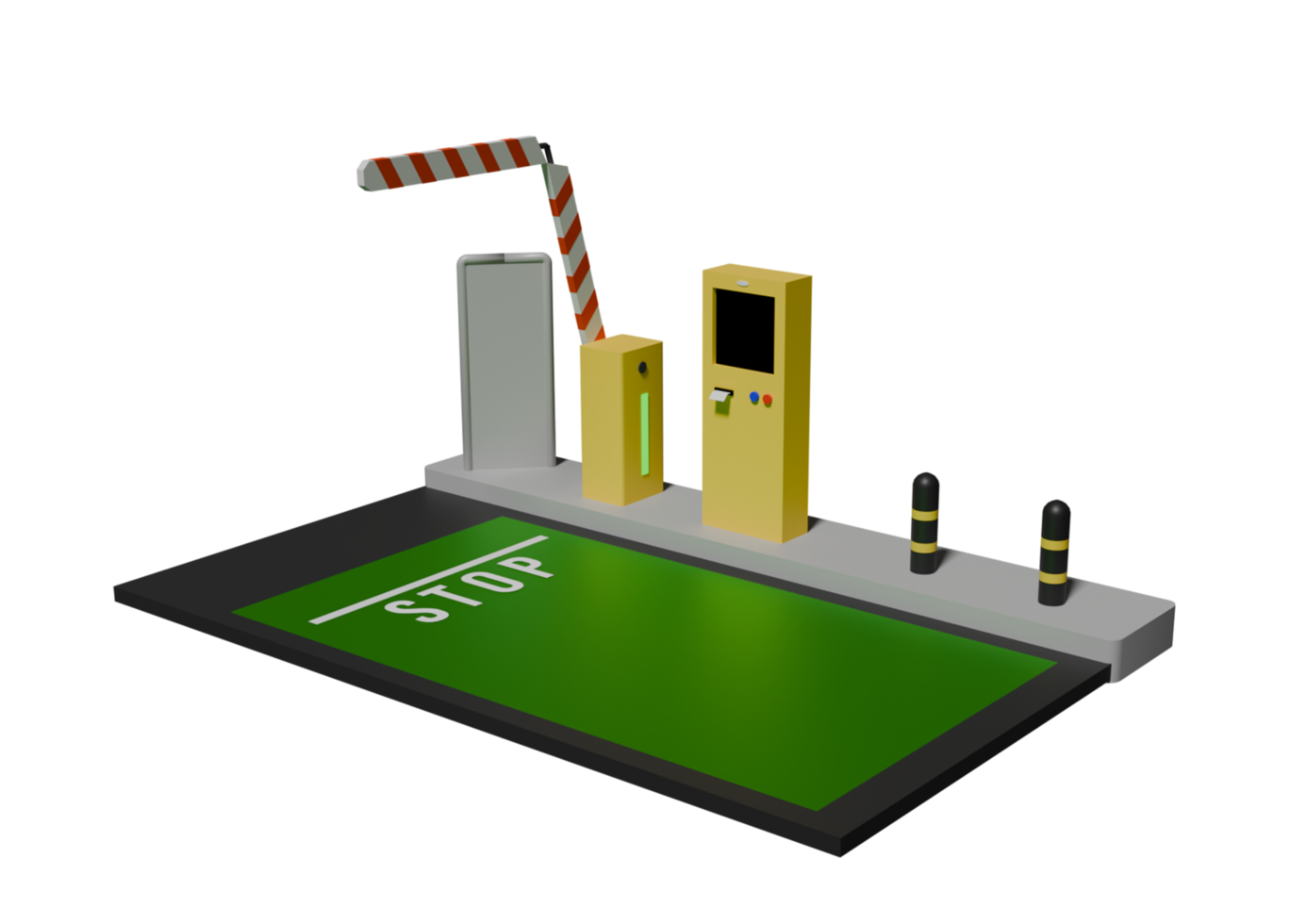 A 3d rendering of a parking lot with a green sign png