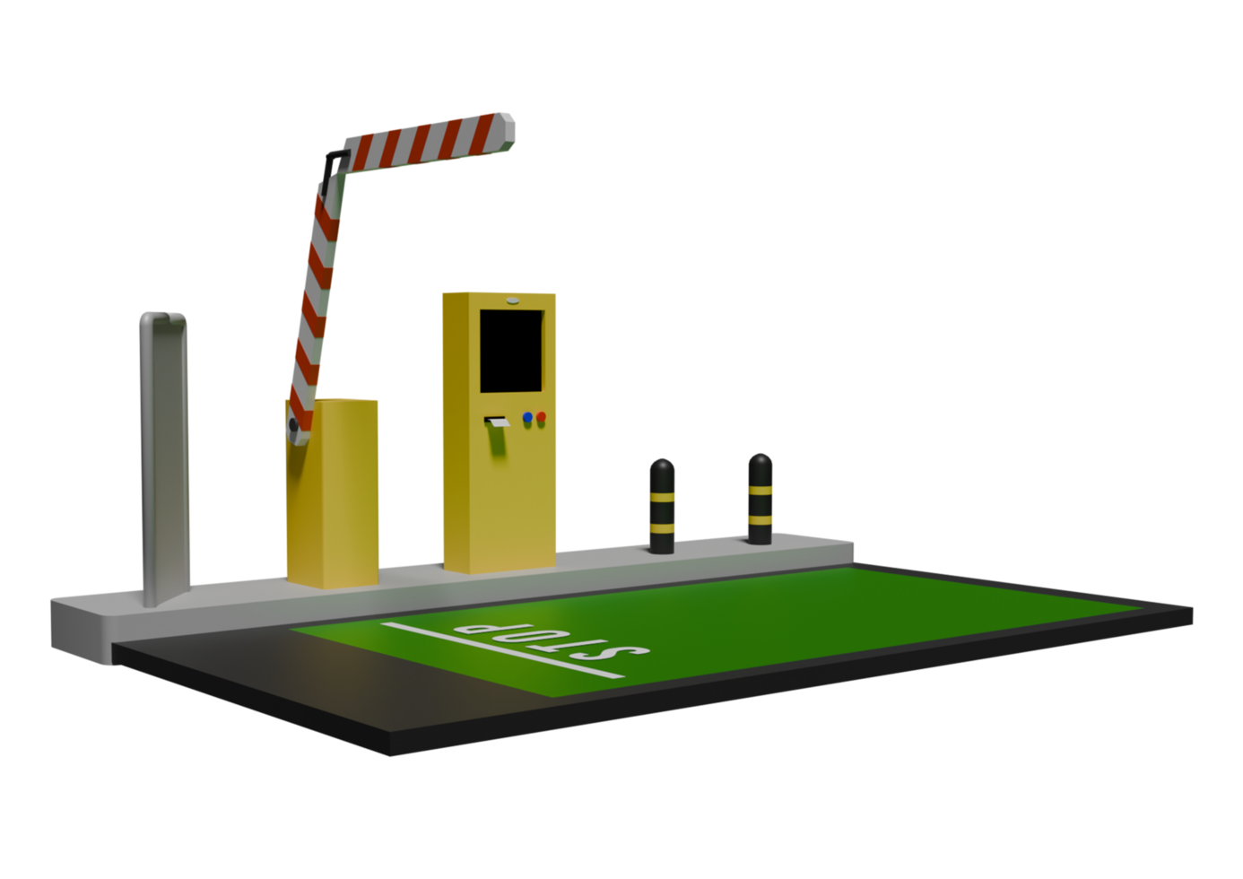 A 3d rendering of a parking lot with a green road png