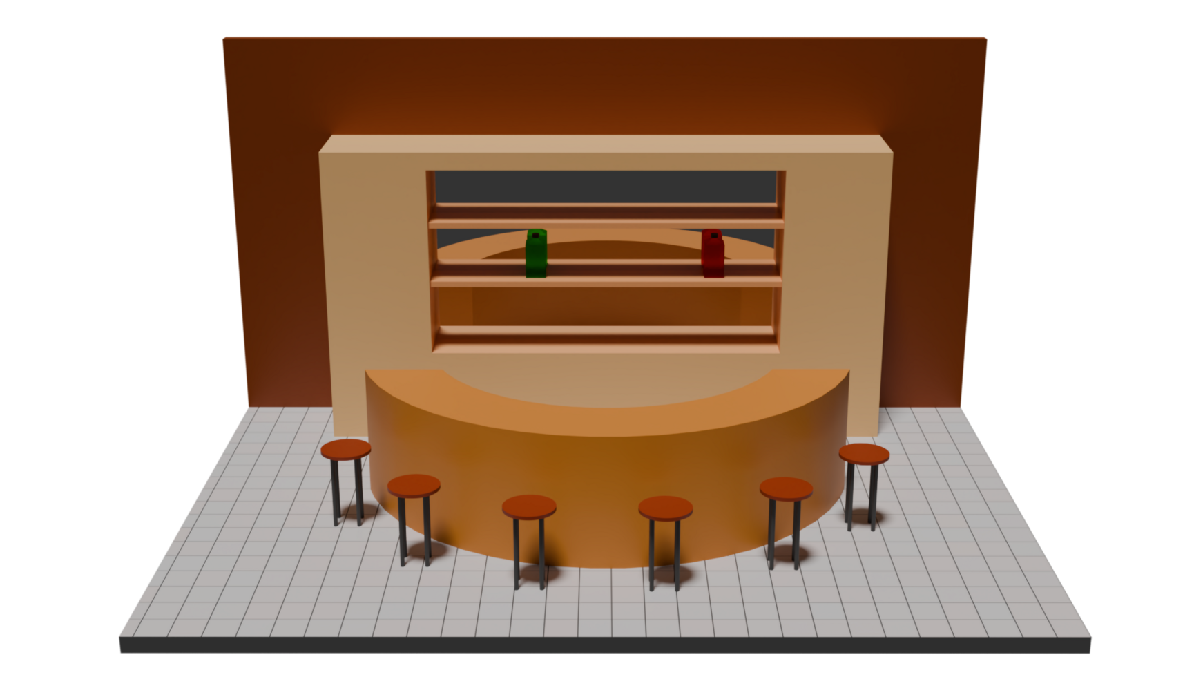 A 3d rendering of a bar with stools png