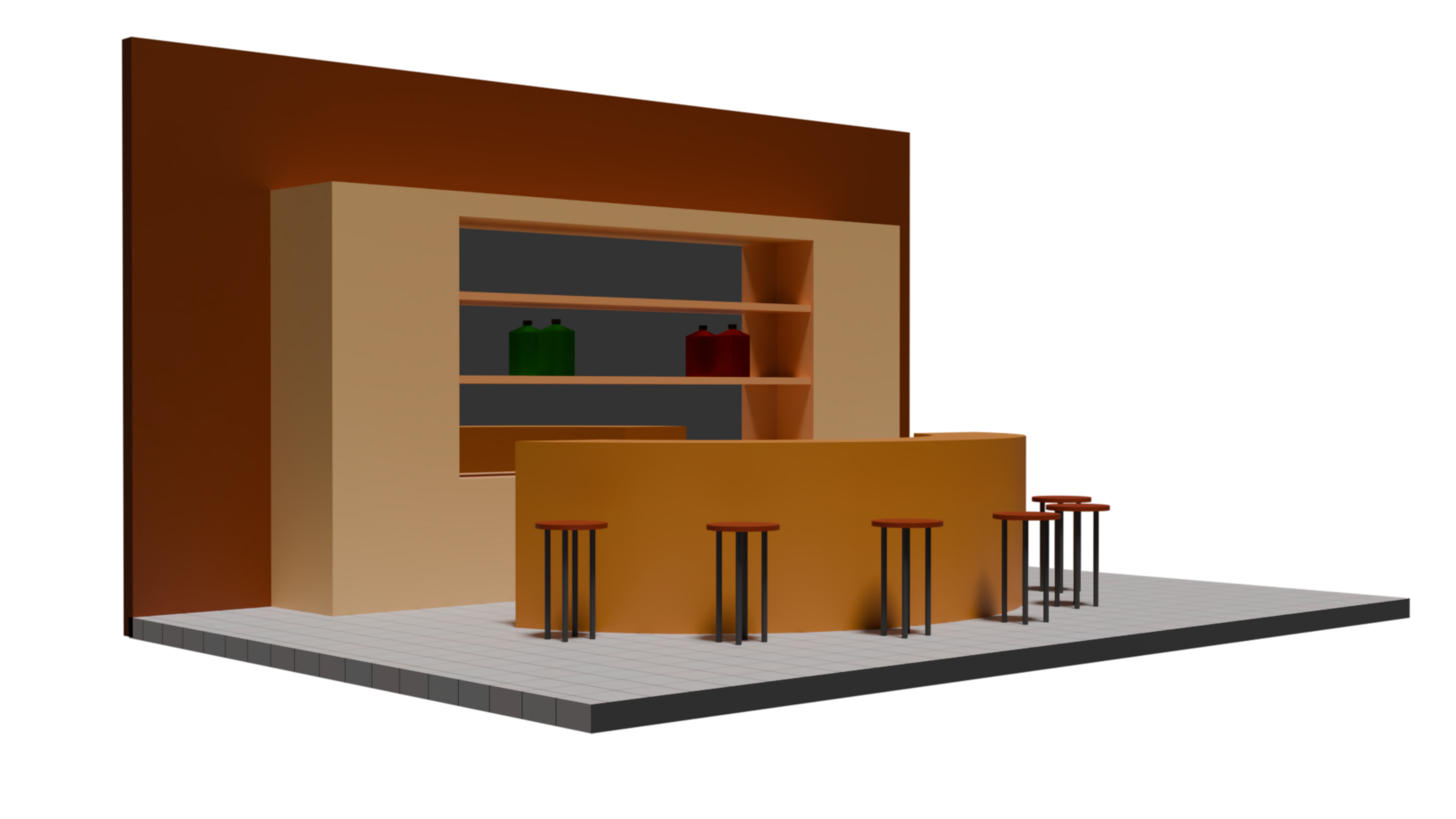A bar with stools and a shelf png