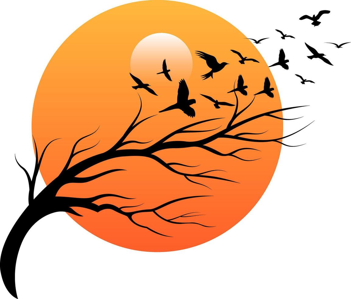 Illustration of a silhouette of a tree with birds in Flight Against a Glowing Sunset vector