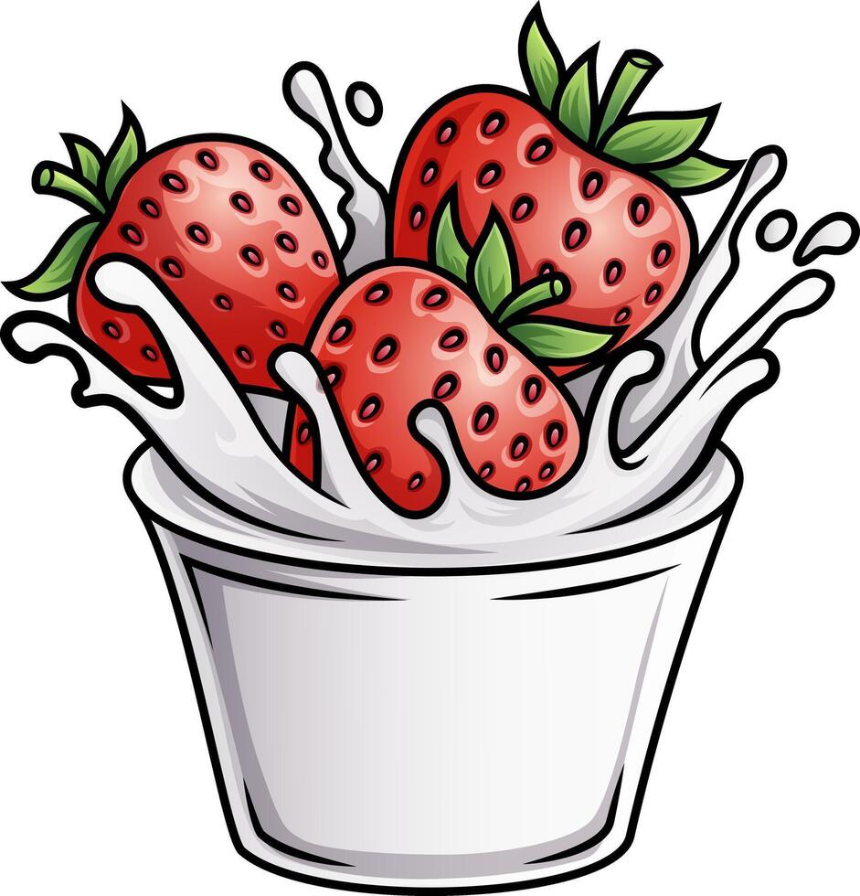Strawberries splashing into milk vibrant - Strawberries in a glass with milk splash. illustration. vector