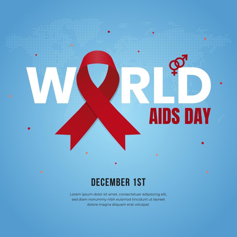 World Aids Day December 1st banner with red ribbon and man woman symbol on dotted map background vector