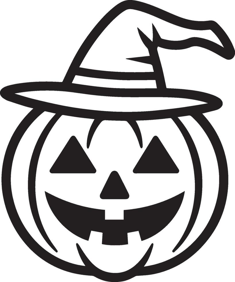 Jack o lantern smiling wearing witch hat linear black vector