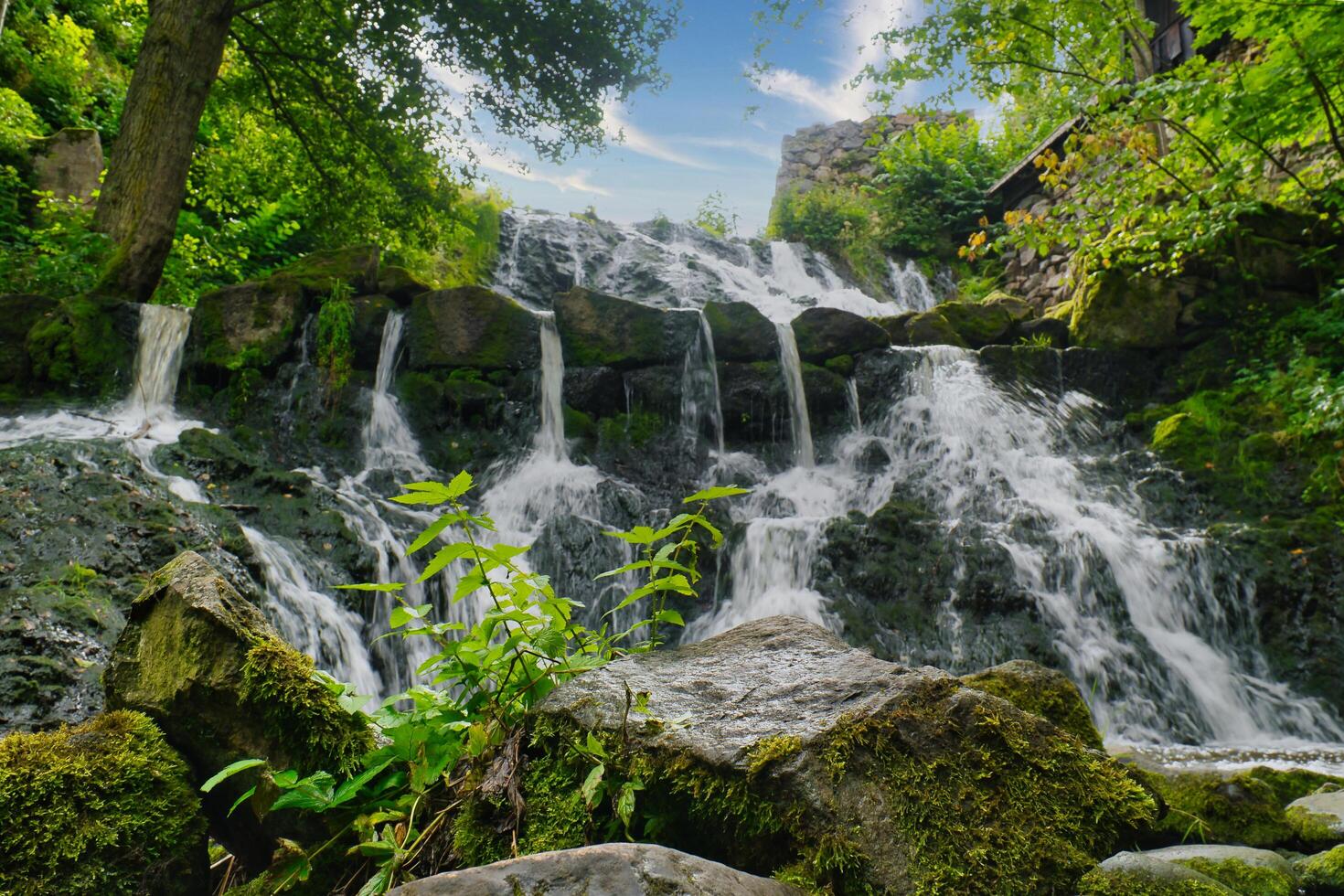 Small waterfall in Sweden. Moss-covered stones. Forest on the river bank. Nature photo
