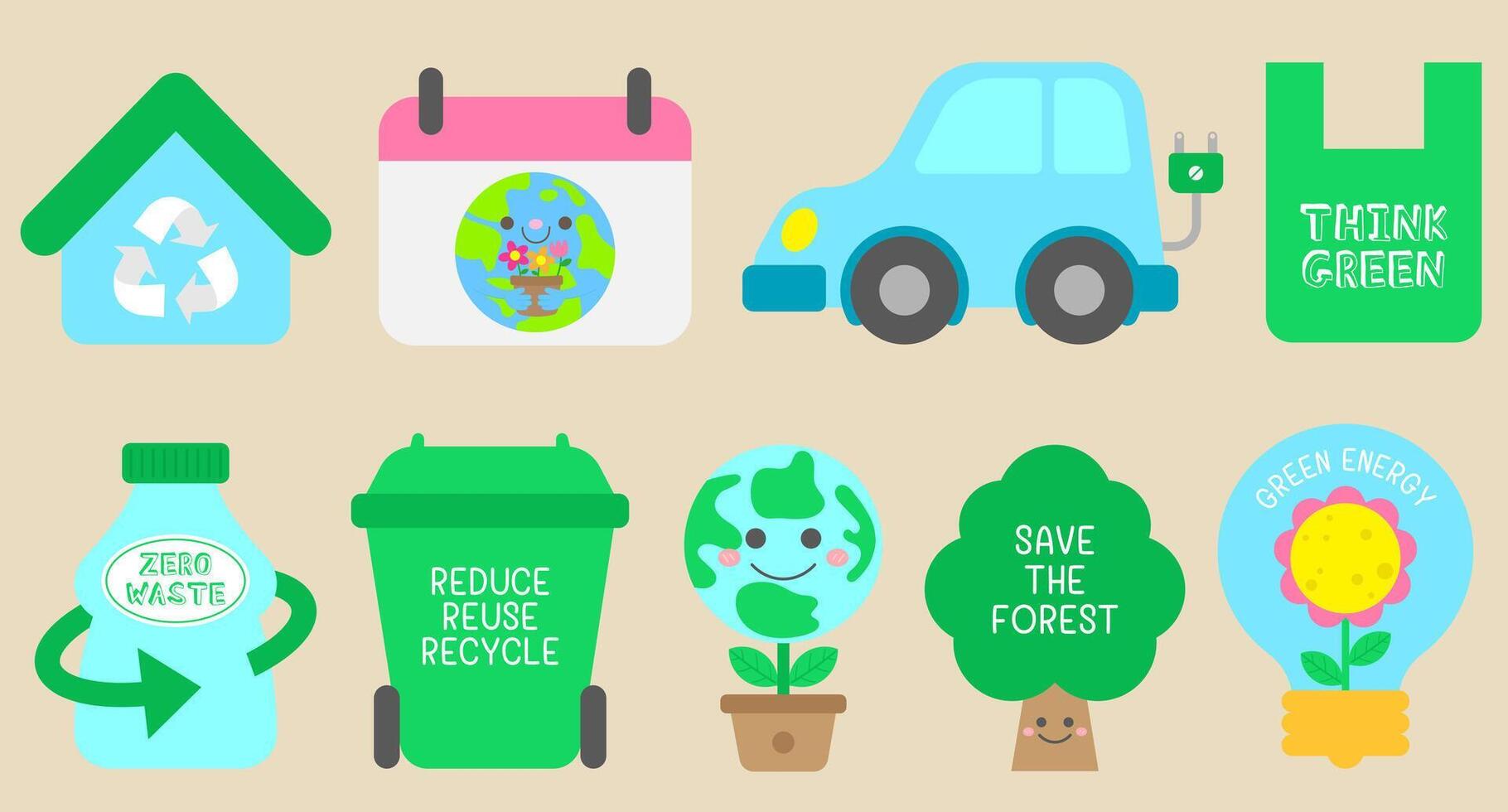 Kids Hand drawn Cute World Earth Day Go Green Elements vector