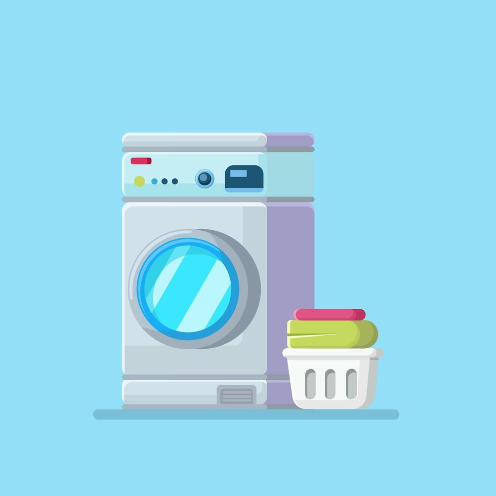 Flat illustration washing machine with pile of clothes vector