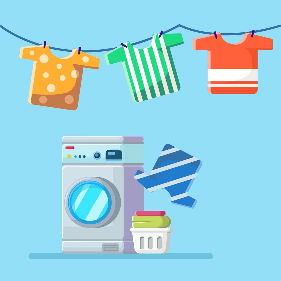Flat illustration set laundry with dried clothes and washing machine vector