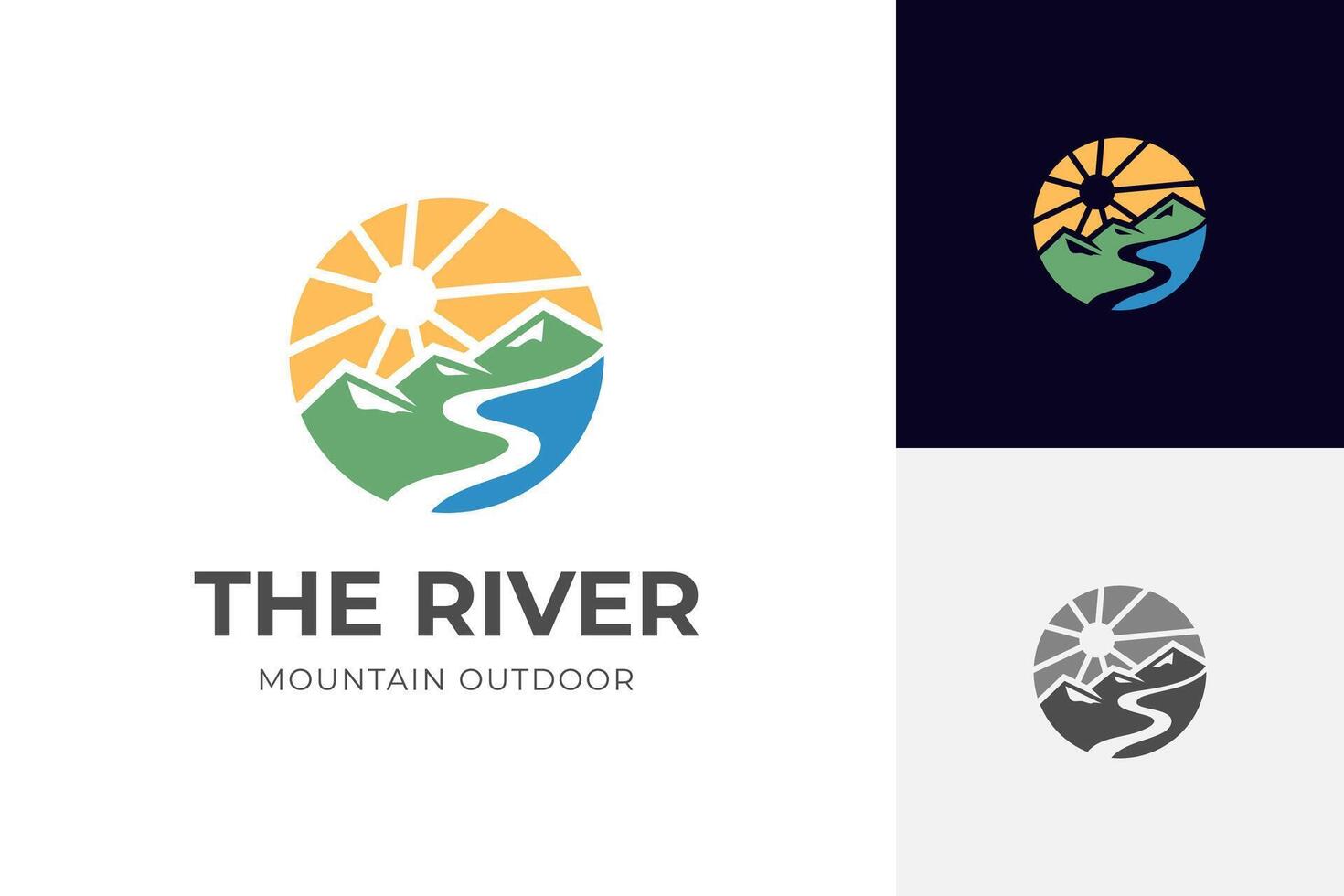 Mountain landscape with peak river creek logo template. mountain lake with sunrise view logo illustration vector