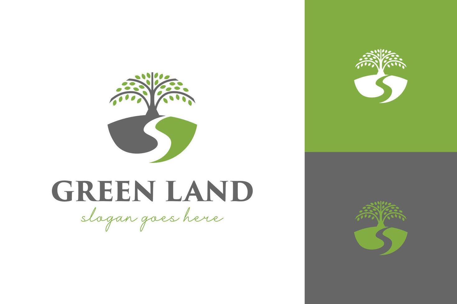 big tree in the field logo design with creek graphic shape for gardening, park, farm, village view illustration symbol vector