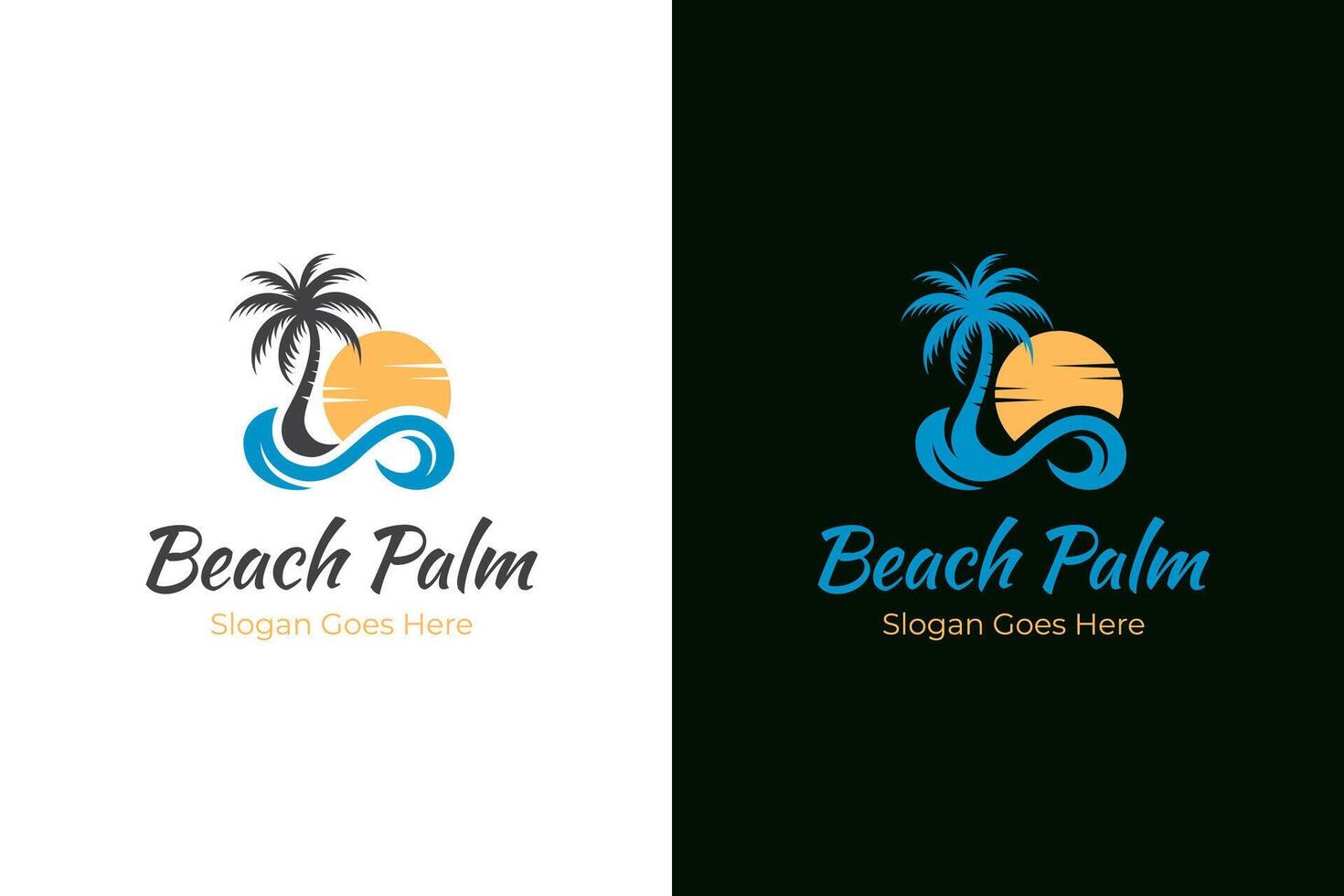Beach wave with Palm tree logo design with sunset concept idea for summer symbol illustration vector