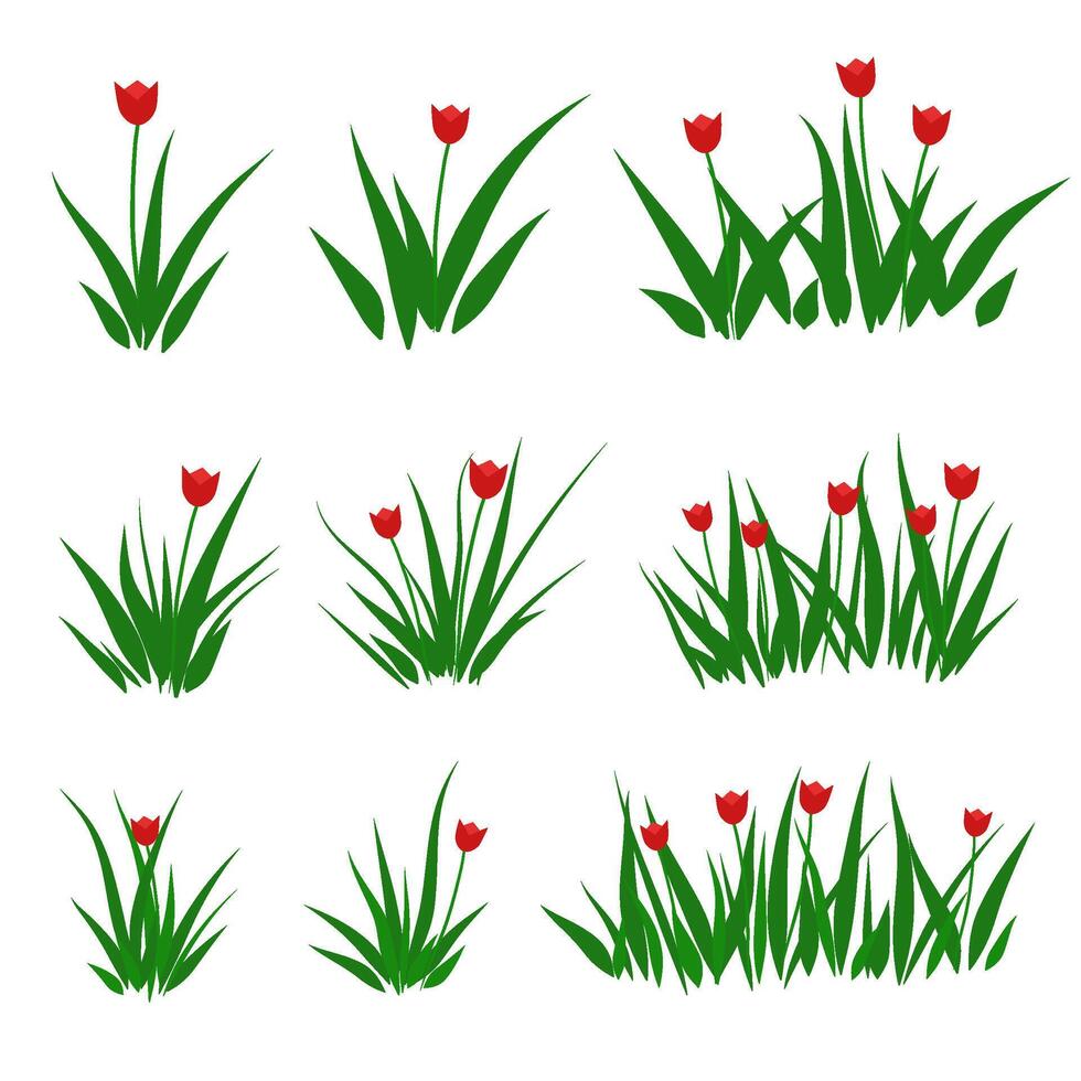 Set of grass cartoon element, lily flower vector