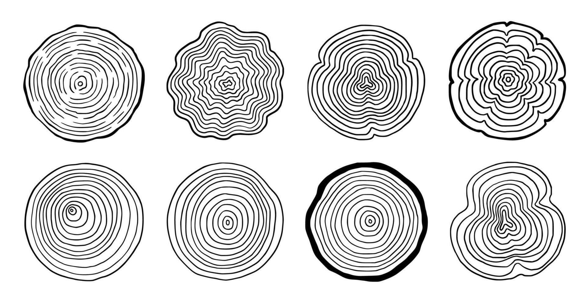 Tree ring wood circle set. Hand drawn tree ring pattern, line ripple circle wood texture. Wood organic slice line design. vector