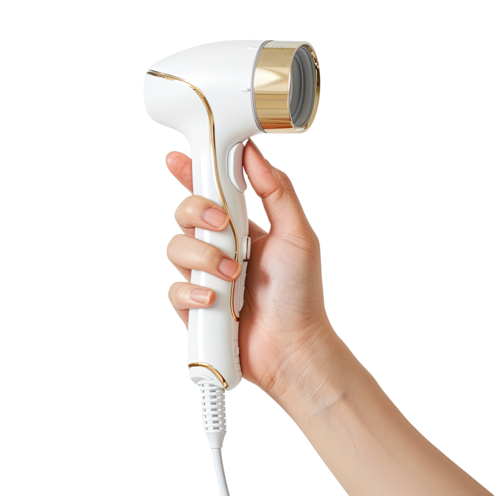 Closeup people hand holding an infrared thermometer with high temperature with isolated on transparent background cut out png