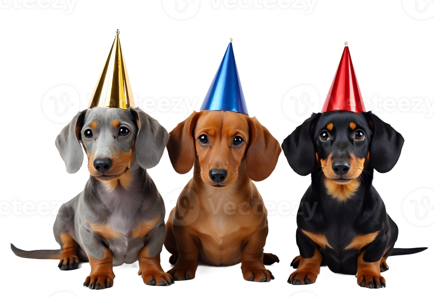 Three Dachshund Puppies Wearing Colorful Party Hats png
