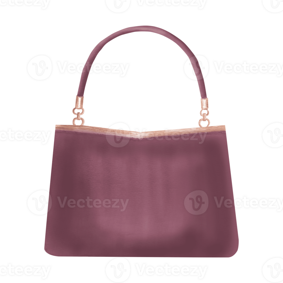 Handbag elegant with handle on golden rings. Stylish accessory of women's closet. Hand drawn watercolor illustration isolated. Beautyful detail for fashion look. Clipart for sticker, postcard, website png