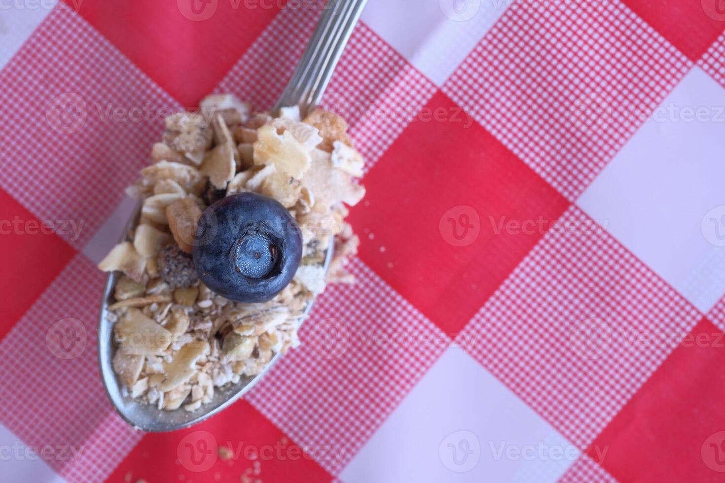 A delightful spoonful of granola complete with fresh blueberry served on a red checkered tablecloth photo